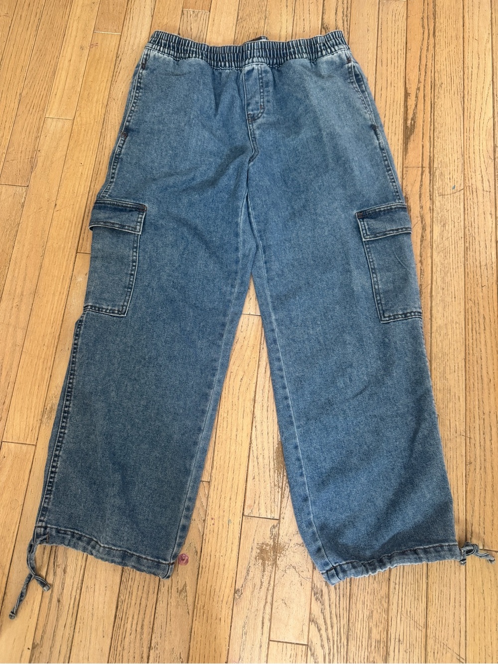 Vanilla Star Denim Cargo Drawstring Ankle Tie Light Wash Utility Jeans Size L - Picture 8 of 8